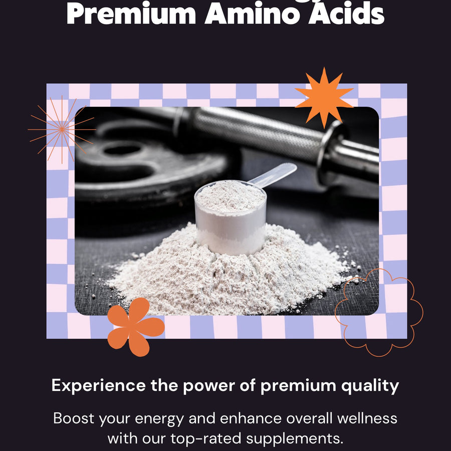 Scoop of white powder amino acid supplements with weightlifting equipment in the background