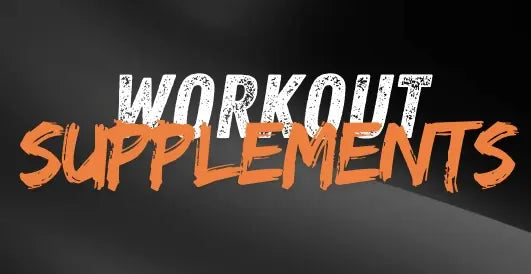 Text graphic highlighting premium workout supplements with bold white and orange typography