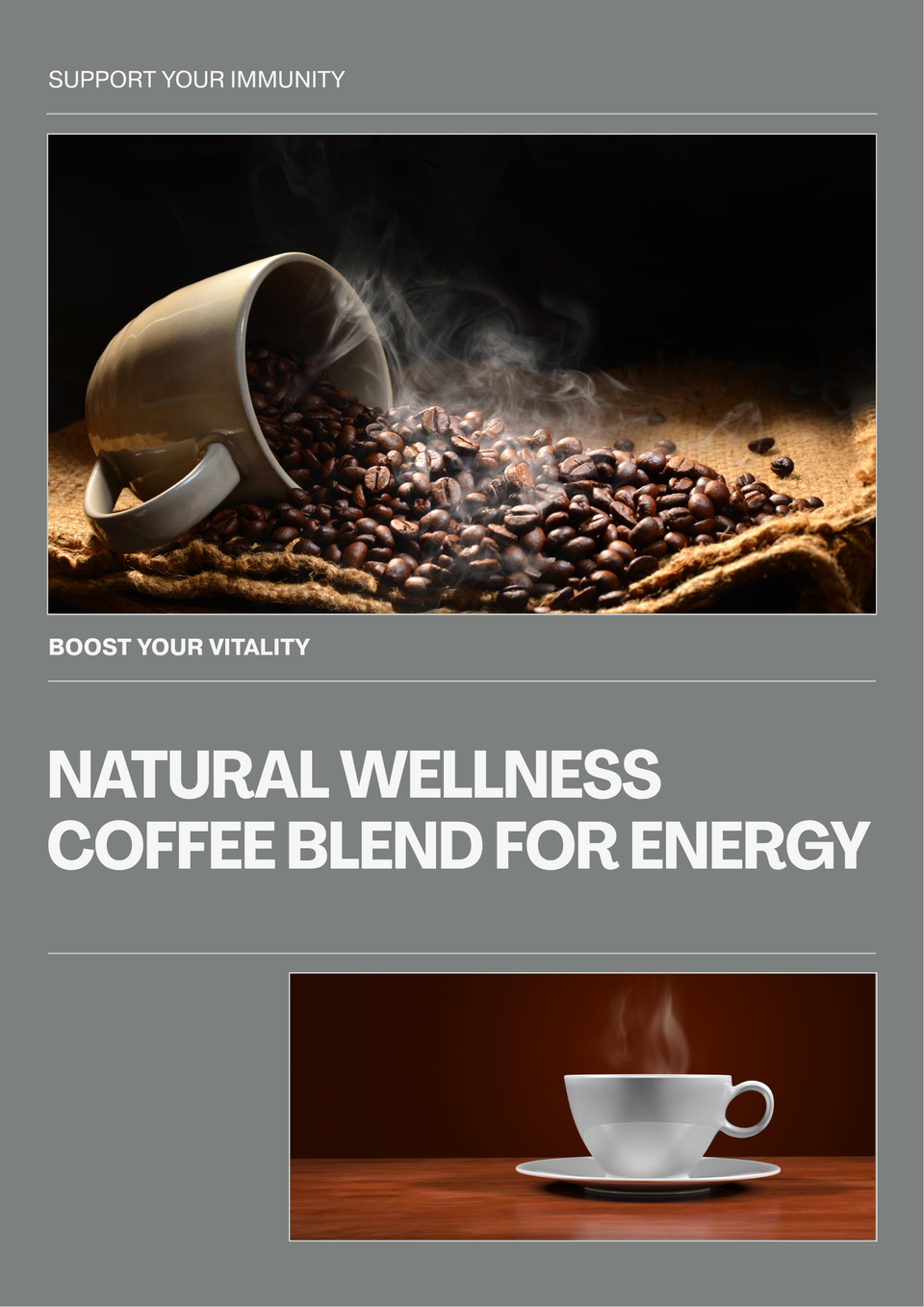 Natural wellness coffee blend with steaming coffee beans and a steaming cup of coffee on wooden surface