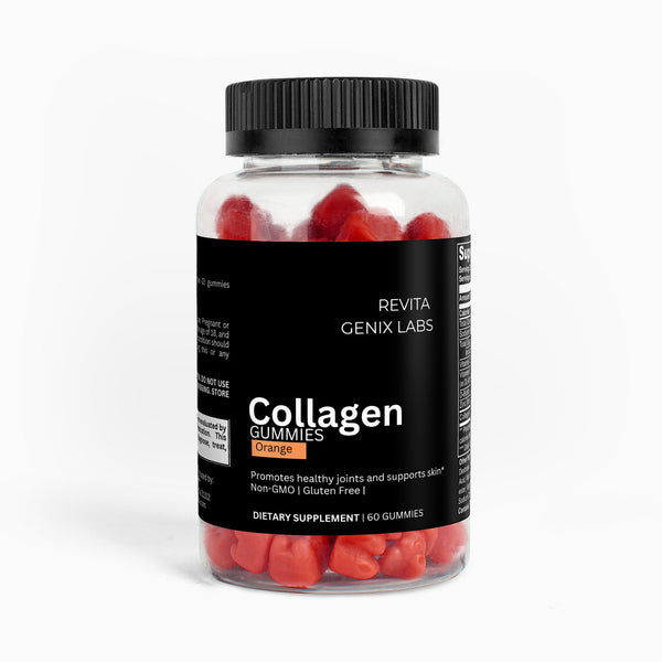 Revita Genix Labs natural collagen supplement orange flavor gummies in clear plastic bottle