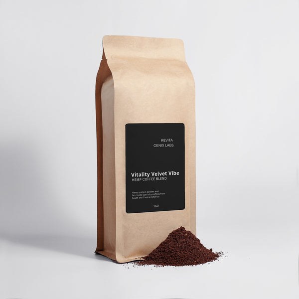 Revita Genix Labs Vitality Velvet Vibe hemp coffee blend in brown kraft bag with ground coffee pile