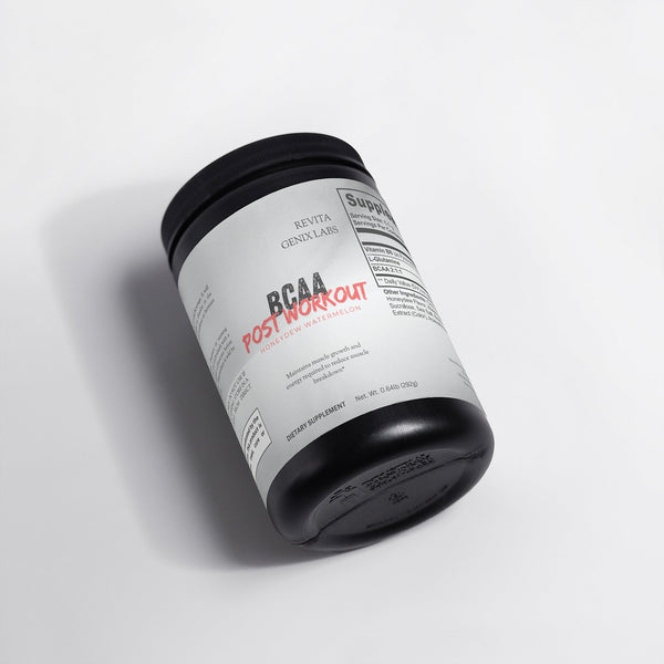 Revita Genix Labs honeydew watermelon BCAA supplement container for post workout recovery