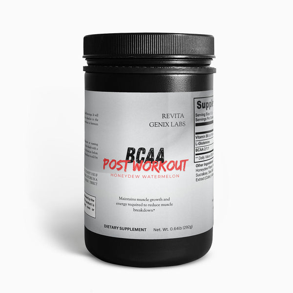 Revita Genix Labs honeydew watermelon BCAA supplement container for post workout muscle growth