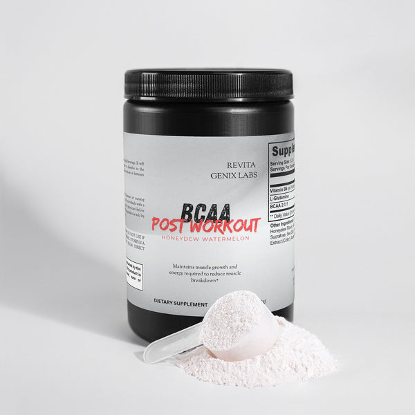 Revita Genix Labs honeydew watermelon BCAA supplement container with a scoop of powder
