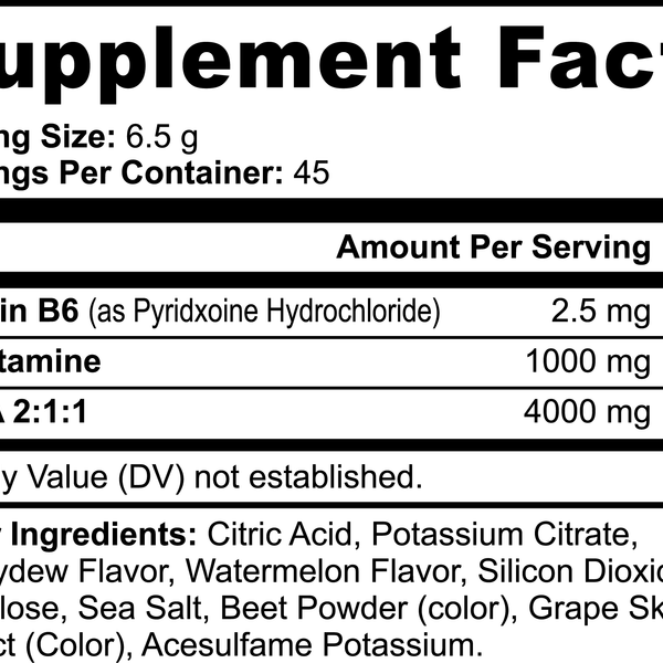 Supplement facts label for honeydew watermelon BCAA supplement by Revita Genix Labs with vitamin B6 and L-Glutamine