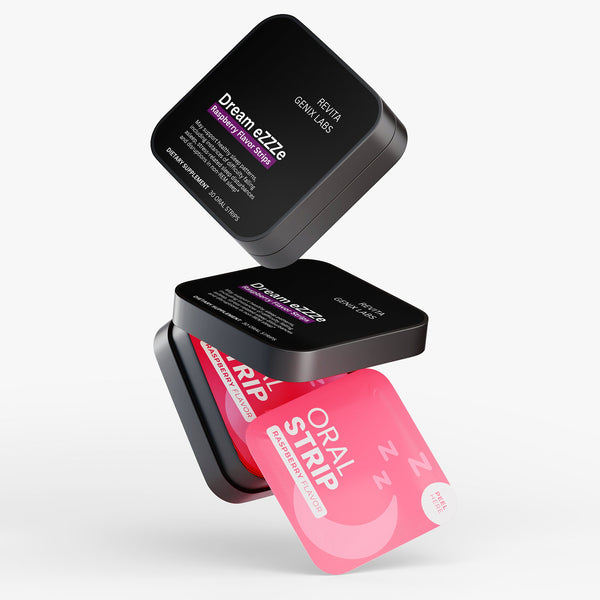 Revita Genix Labs Dream eZZZe sleep aid Raspberry Flavor oral strips in black and pink packaging