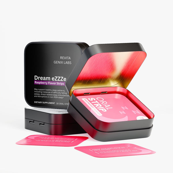 Revita Genix Labs Dream eZZZe sleep aid raspberry flavor strips in black and red packaging