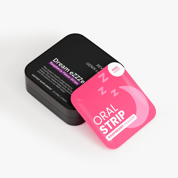 Revita Genix Labs Dream eZZZe sleep aid raspberry flavor oral strips in black and pink packaging