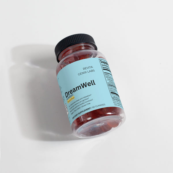 Revita Genix Labs DreamWell sleep gummies dietary supplement bottle with 60 gummies for better sleep