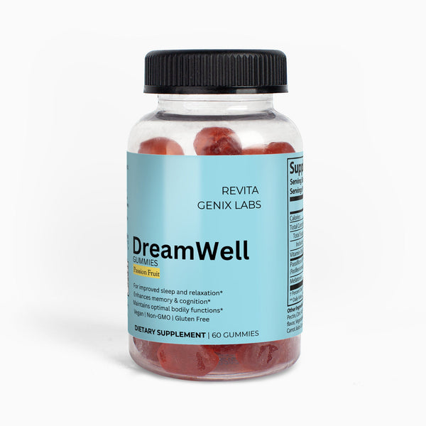 Revita Genix Labs DreamWell sleep gummies dietary supplement bottle with 60 passion fruit flavor gummies