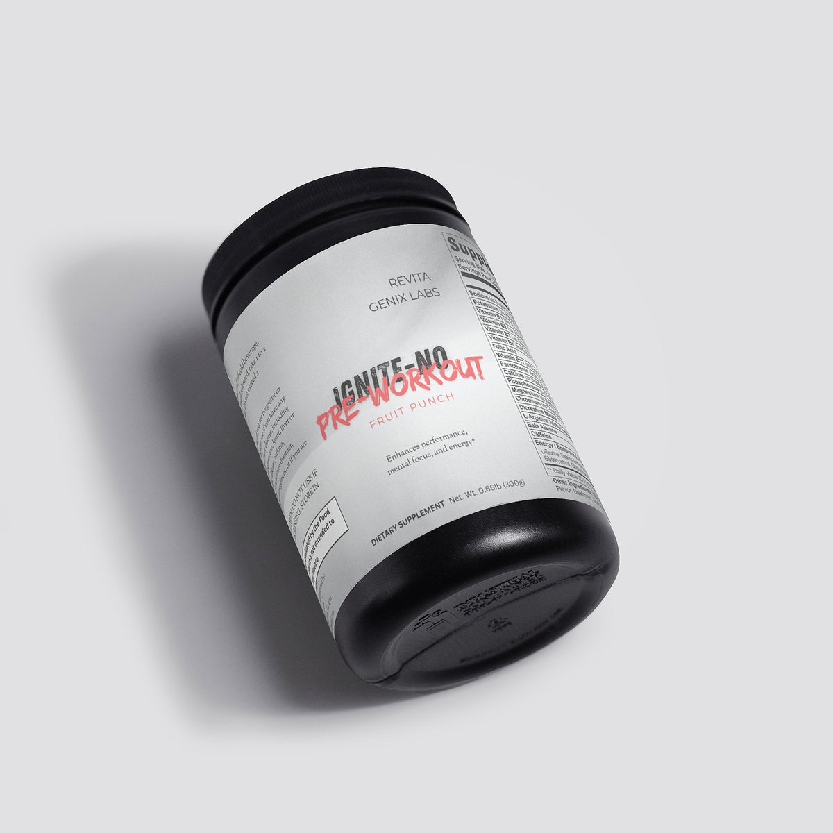 Revita Genix Labs Ignite-NO performance booster pre-workout supplement container in fruit punch flavor