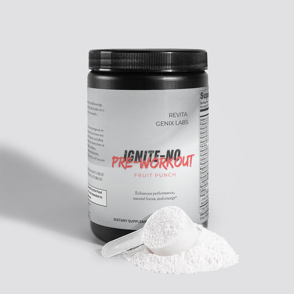 Revita Genix Labs Ignite-NO performance booster pre workout fruit punch powder container with scoop