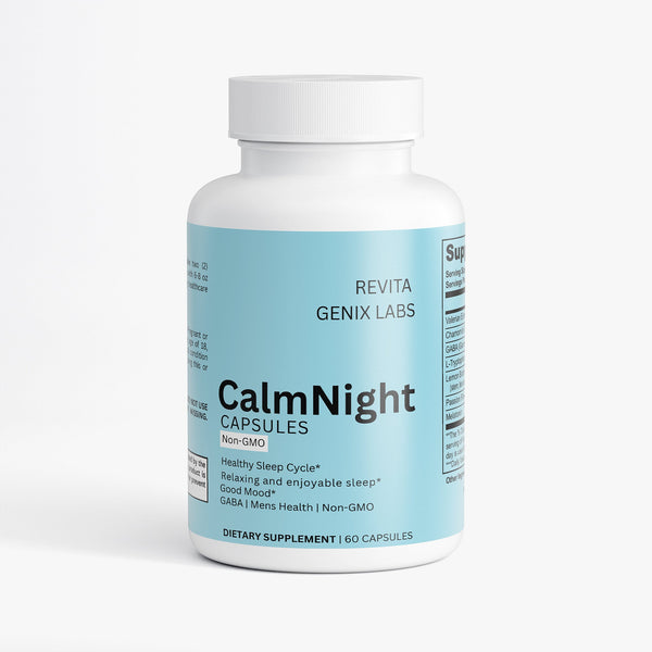 Revita Genix Labs CalmNight sleep support dietary supplement bottle with 60 capsules