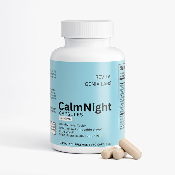 Revita Genix Labs CalmNight sleep support dietary supplement bottle with 60 capsules for healthy sleep