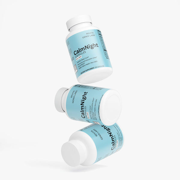Revita Genix Labs CalmNight sleep support capsules specialty supplements three bottles with blue labels
