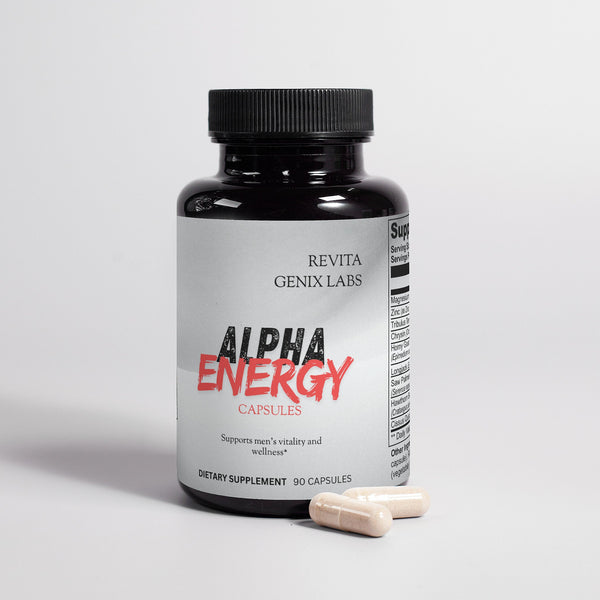 RevitaGenix Labs men's vitality and wellness pills Alpha Energy capsules bottle with two capsules