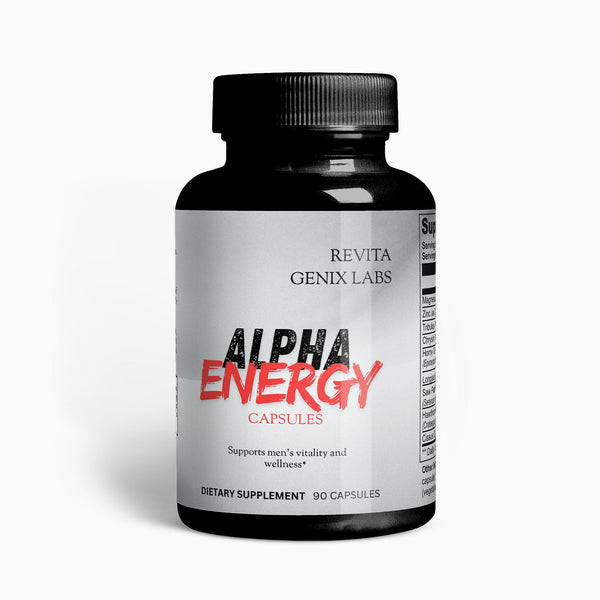 RevitaGenix Labs men's vitality and wellness pills Alpha Energy dietary supplement bottle with 90 capsules