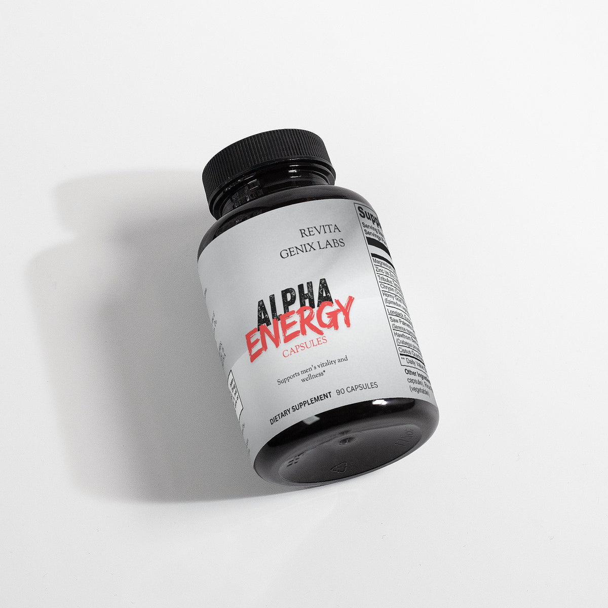 RevitaGenix Labs Alpha Energy men's vitality and wellness pills dietary supplement bottle with 90 capsules