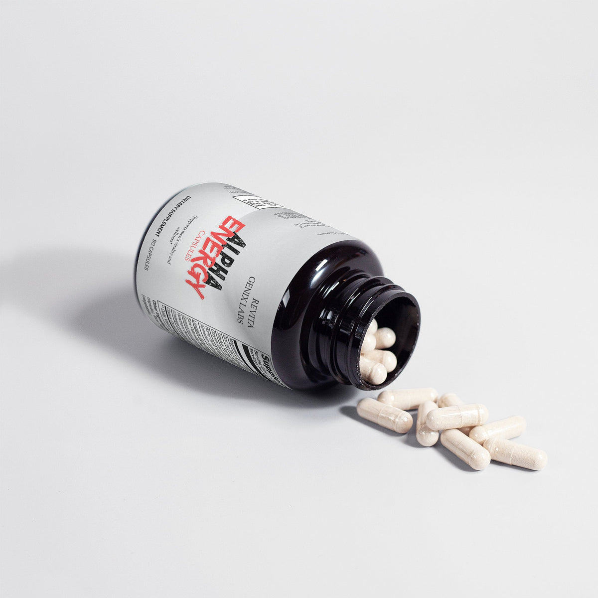 RevitaGenix Labs men's vitality and wellness pills white capsules spilling from black bottle