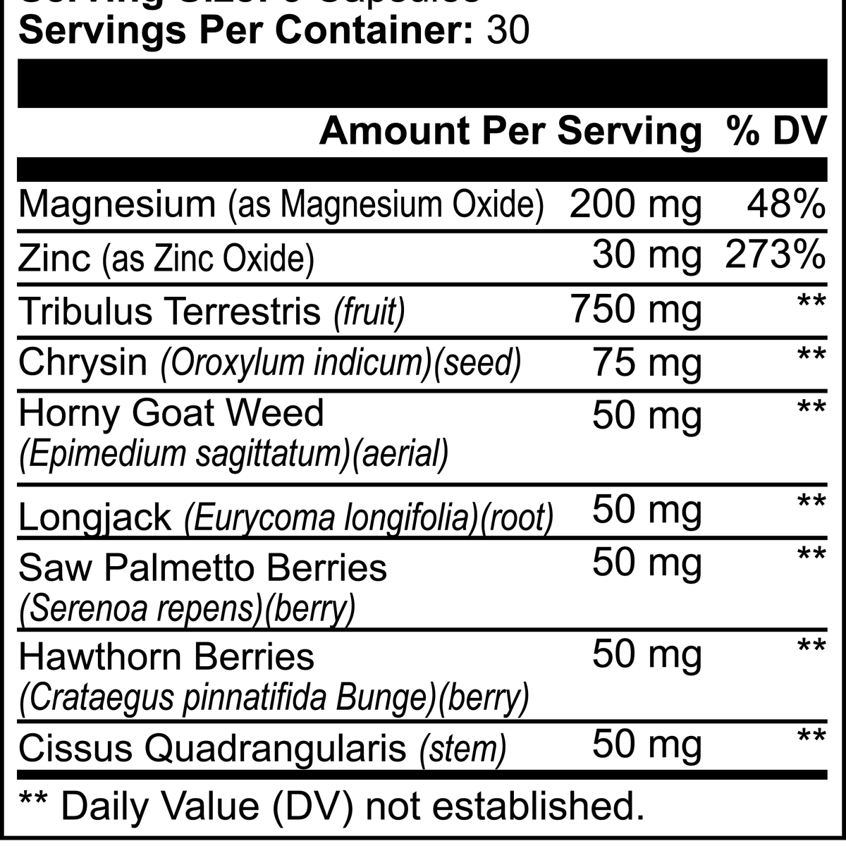 Supplement facts label for men's vitality and wellness pills showing ingredients and serving size