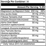 Supplement facts label for men's vitality and wellness pills showing ingredients and serving size