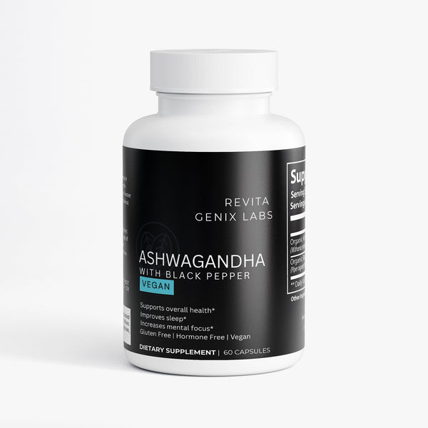 Revita Genix Labs Ashwagandha with Black Pepper vegan natural wellness supplements in white bottle