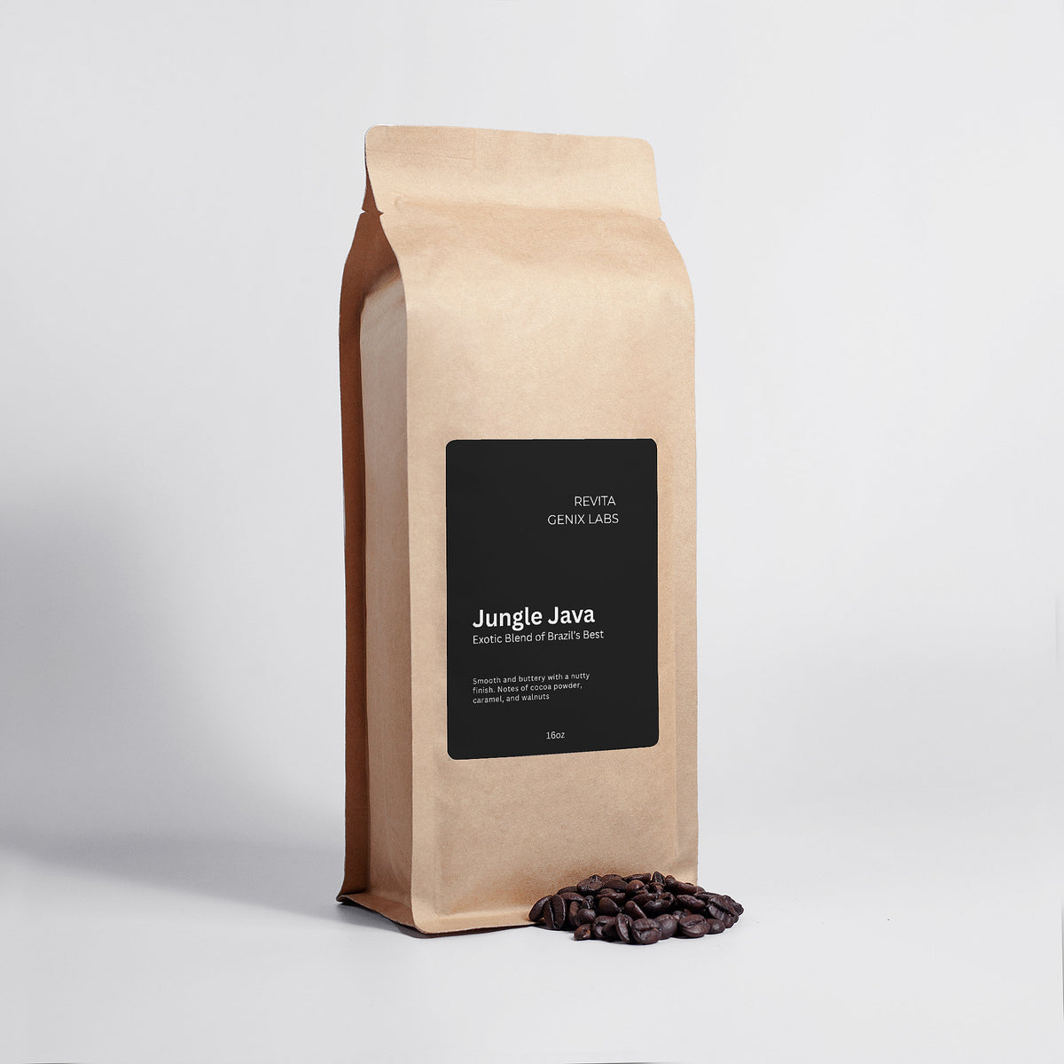 Revita Genix Labs premium jungle java coffee bag with roasted coffee beans on white background