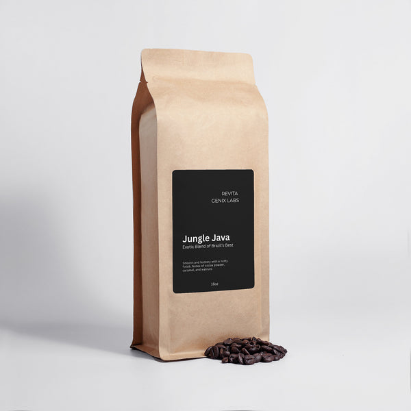Revita Genix Labs premium jungle java coffee bag with roasted coffee beans on white background