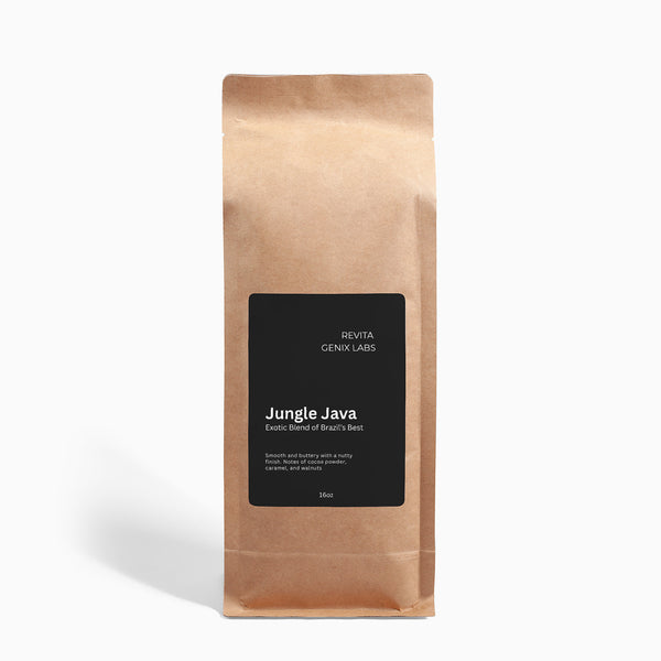 Revita Genix Labs premium jungle java coffee in a brown kraft paper bag with black label
