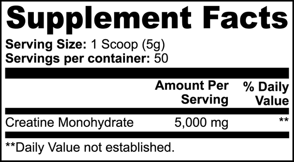 Supplement facts label showing serving size and 5000 mg of creatine monohydrate per scoop for pure creatine monohydrate supplement