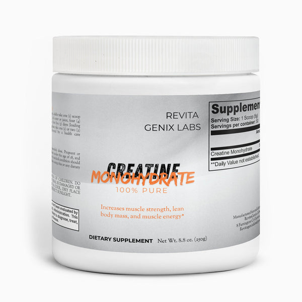 Revita Genix Labs pure creatine monohydrate supplement container for muscle strength and lean body mass