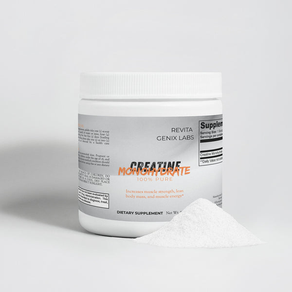 Revita Genix Labs pure creatine monohydrate supplement container with white powder pile