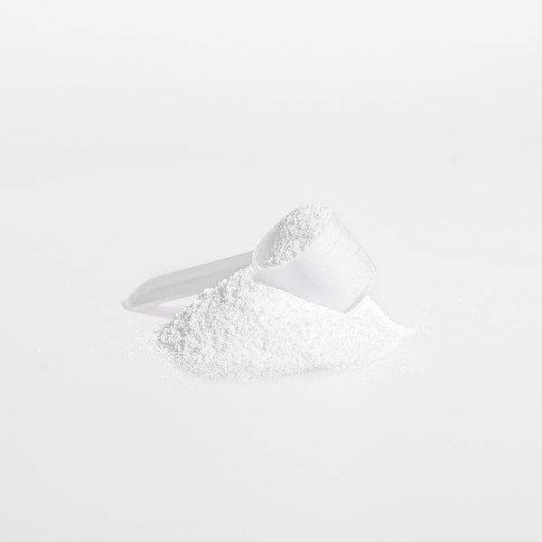 Scoop of white powder pure creatine monohydrate supplement by Revita Genix Labs on white background