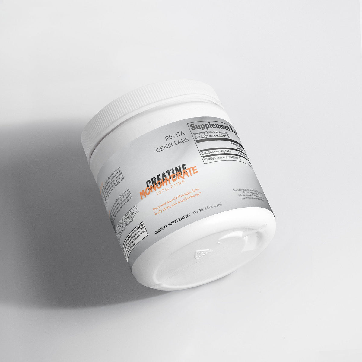 Revita Genix Labs pure creatine monohydrate supplement in a white container for fitness support