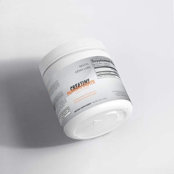 Revita Genix Labs pure creatine monohydrate supplement in a white container for fitness support