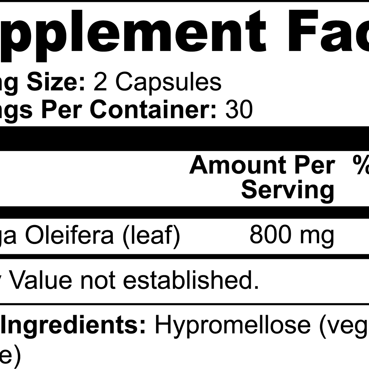 Supplement facts label for pure moringa capsules by Revita Genix Labs serving size 2 capsules with 800 mg Moringa Oleifera