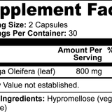 Supplement facts label for pure moringa capsules by Revita Genix Labs serving size 2 capsules with 800 mg Moringa Oleifera