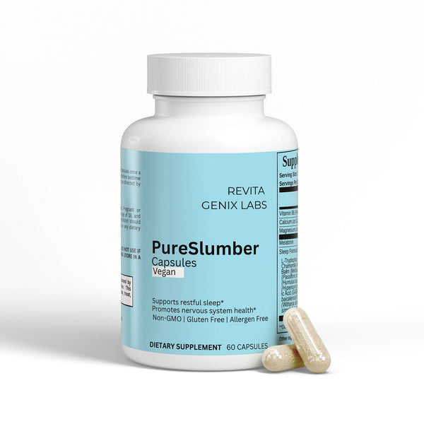 Revita Genix Labs Pure Slumber Sleep Booster vegan capsules dietary supplement bottle with two capsules