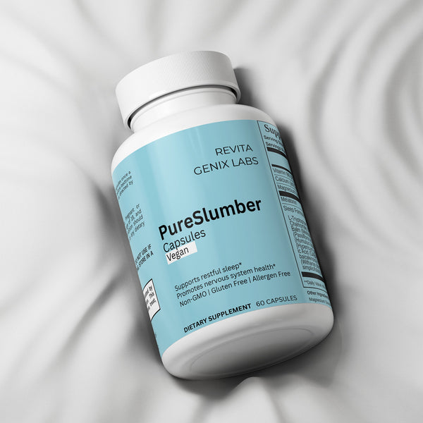 Revita Genix Labs Pure Slumber Sleep Booster vegan capsules bottle with 60 dietary supplement capsules