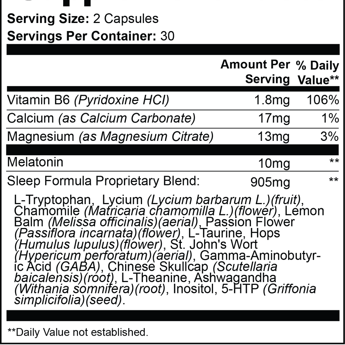 Revita Genix Labs Pure Slumber Sleep Booster supplement facts label showing key ingredients and serving size