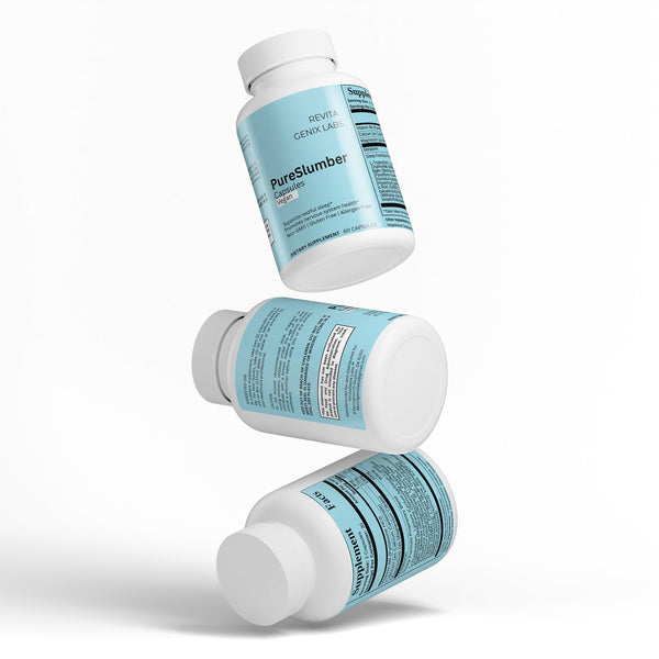 Revita Genix Labs Pure Slumber Sleep Booster supplement bottles with blue labels floating on white background