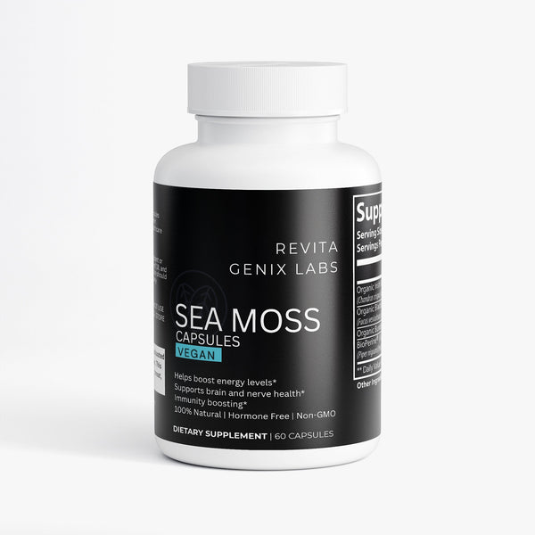 Revita Genix Labs sea moss capsules for immunity dietary supplement bottle with vegan label
