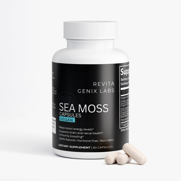 Revita Genix Labs sea moss capsules for immunity in a white bottle with black label and three capsules beside it