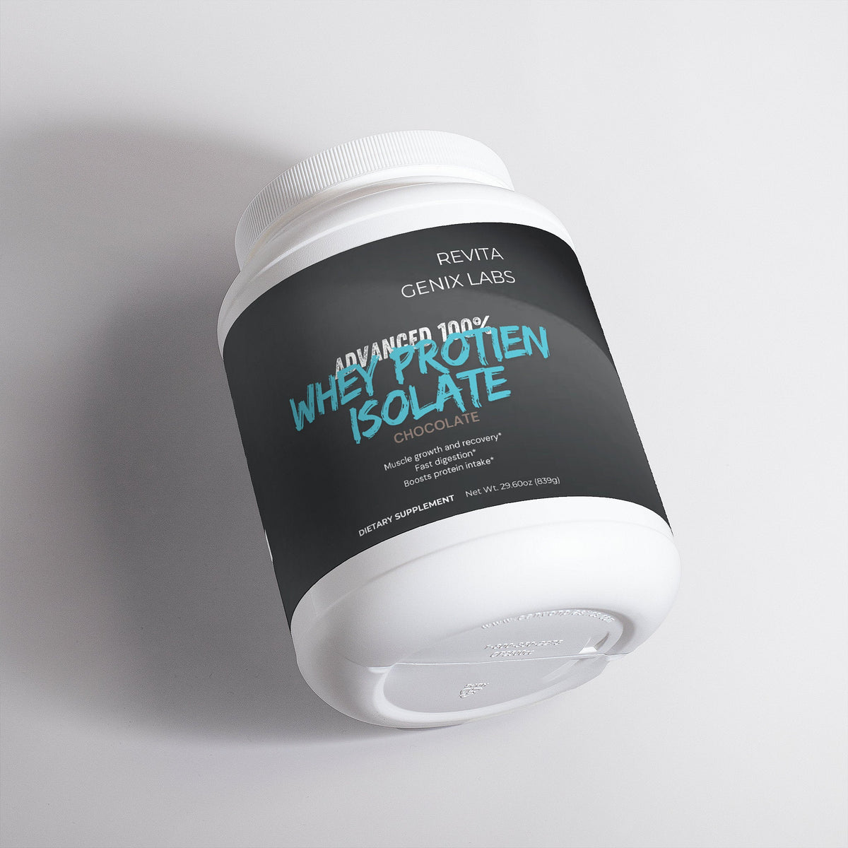 RevitaGenix Labs 100% Whey Protein Isolate chocolate flavor dietary supplement container