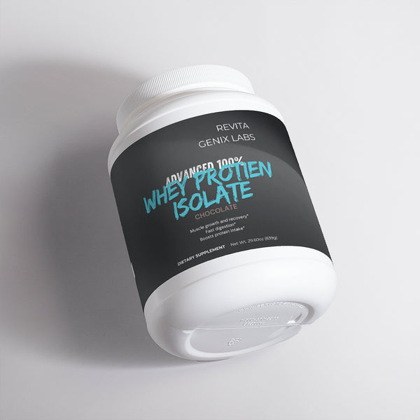 RevitaGenix Labs 100% Whey Protein Isolate chocolate flavor dietary supplement container
