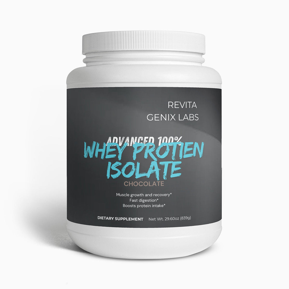 RevitaGenix Labs whey protein isolate chocolate flavor dietary supplement container for muscle growth and recovery