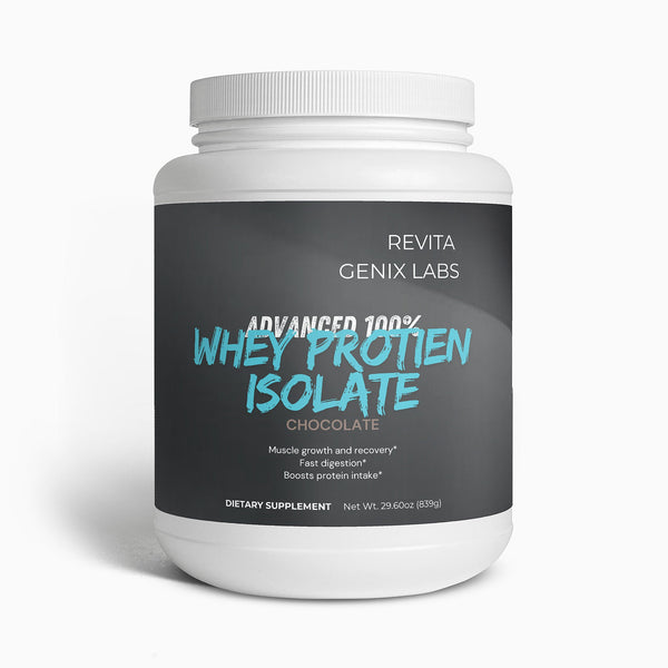 RevitaGenix Labs whey protein isolate chocolate flavor dietary supplement container for muscle growth and recovery