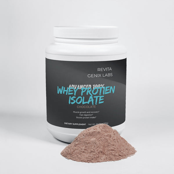 RevitaGenix Labs Advanced 100% Whey Protein Isolate chocolate flavor dietary supplement with protein powder pile