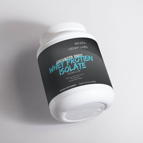 Revita Genix Labs whey protein isolate vanilla dietary supplement container with black and blue label