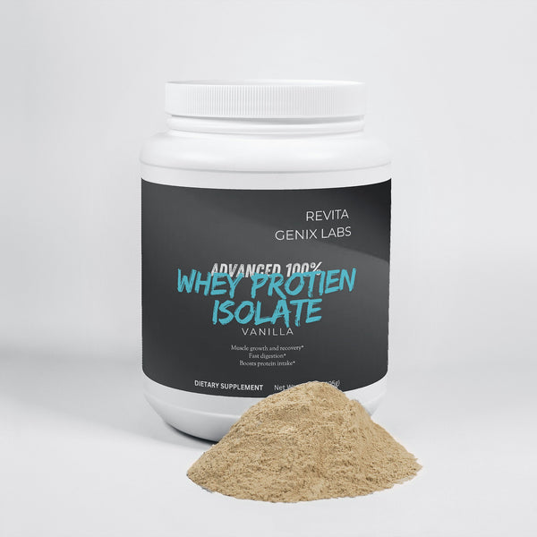 Revita Genix Labs whey protein isolate vanilla powder container with a scoop of protein powder